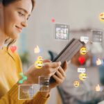 Social,media,visualization,concept:,happy,young,woman,uses,digital,tablet