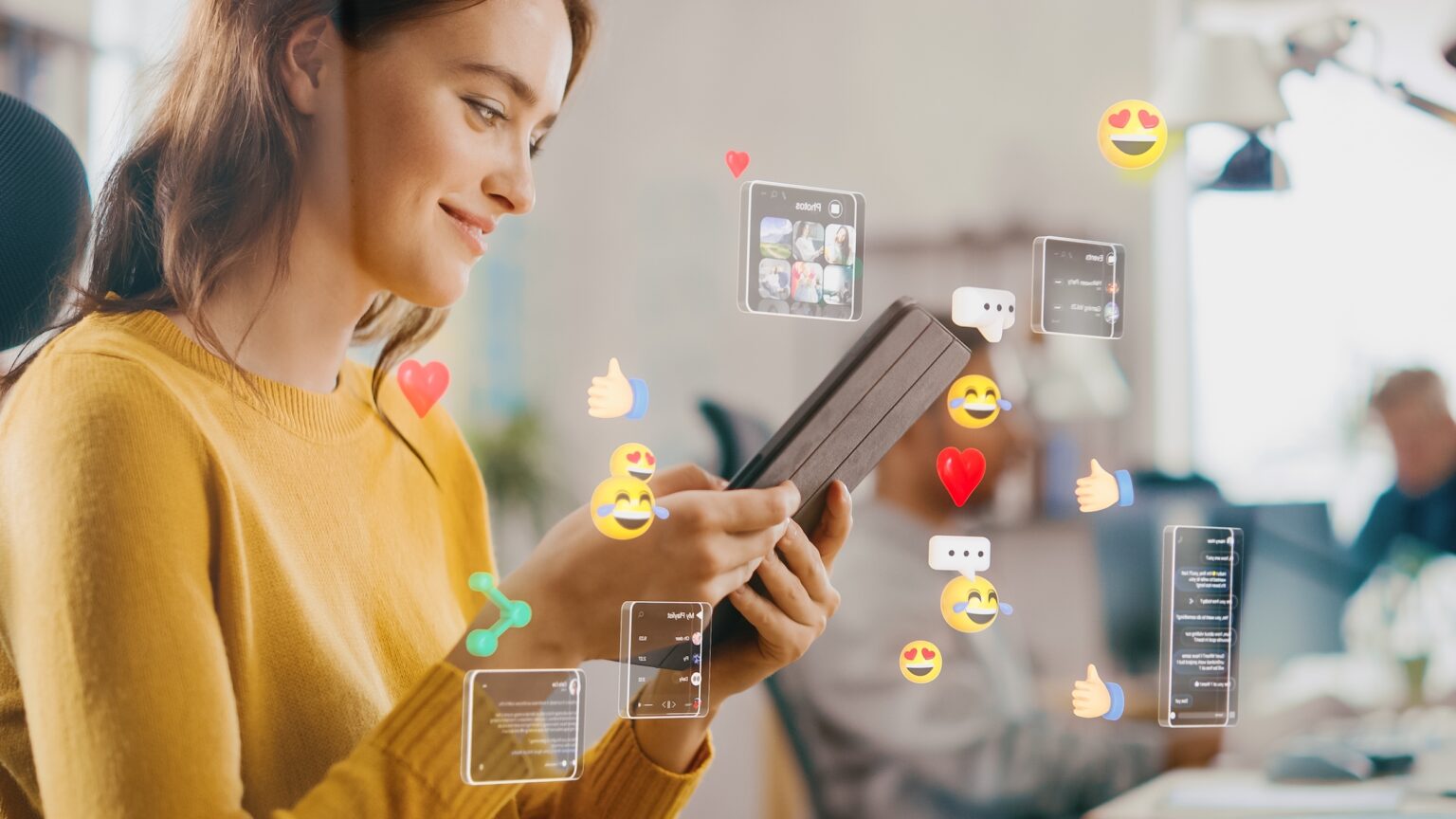 Social,media,visualization,concept:,happy,young,woman,uses,digital,tablet