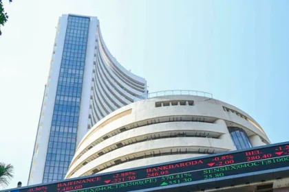 Bombay Stock Exchange (BSE) building in Mumbai with digital ticker showing Sensex and stock prices, representing Indian stock market trends.